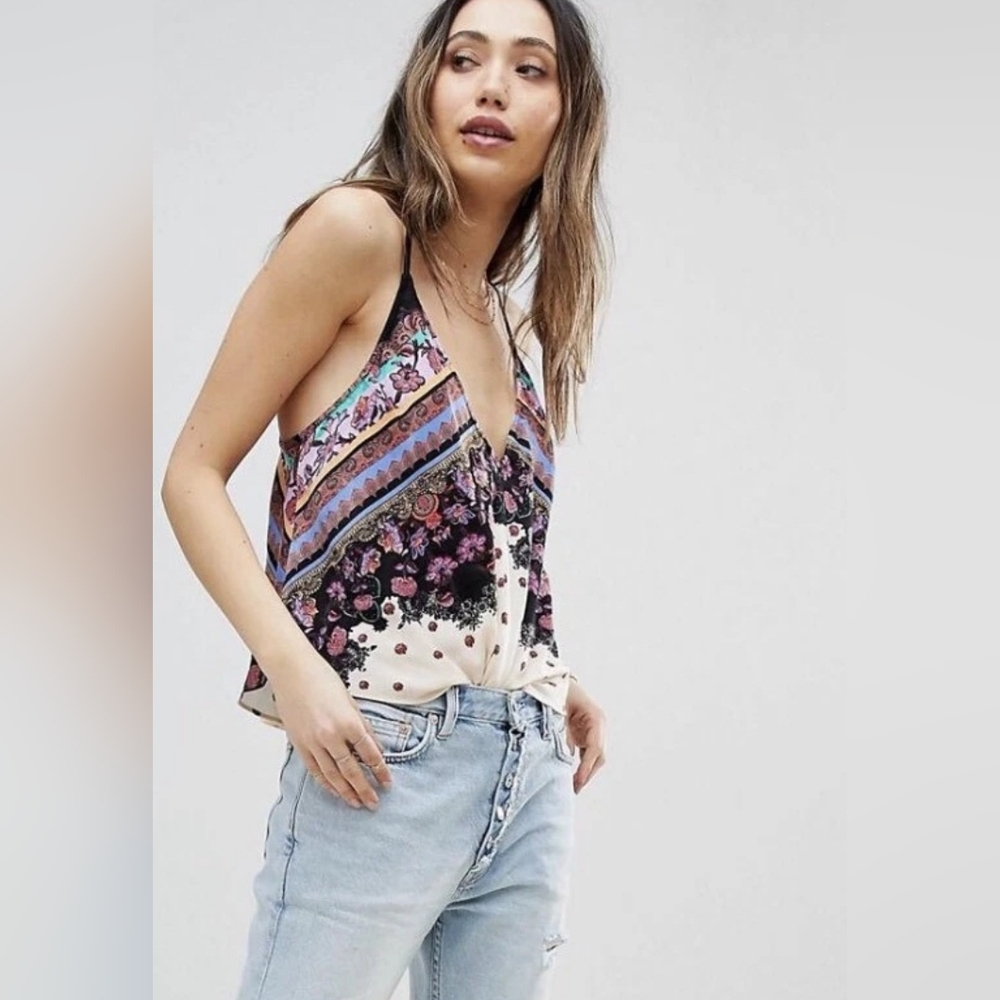 Free People V Neck Tank Top Cami, Boho Satin, Floral,Paisley Hippie Women's Sz M